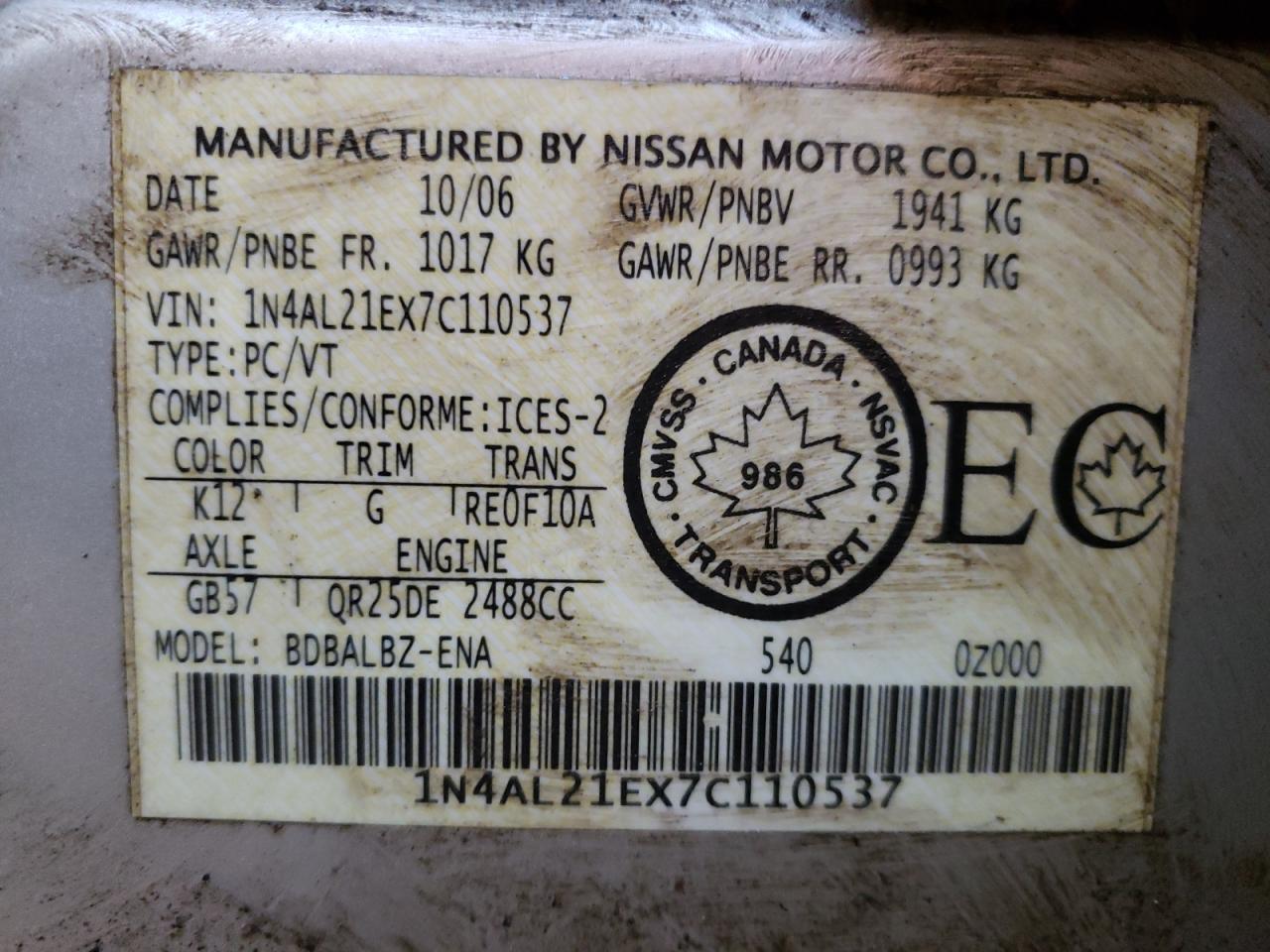 Photo 10 from auction – 2007 NISSAN ALTIMA 2.5 with VIN 1N4AL21EX7C110537