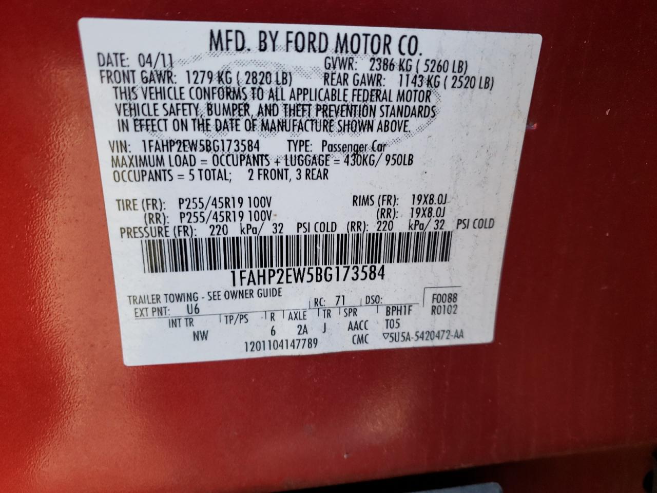 Photo 10 from auction – 2011 FORD TAURUS SEL with VIN 1FAHP2EW5BG173584