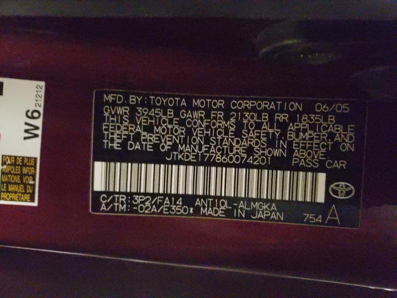 Photo 10 from auction – 2006 TOYOTA SCION TC with VIN JTKDE177860074201