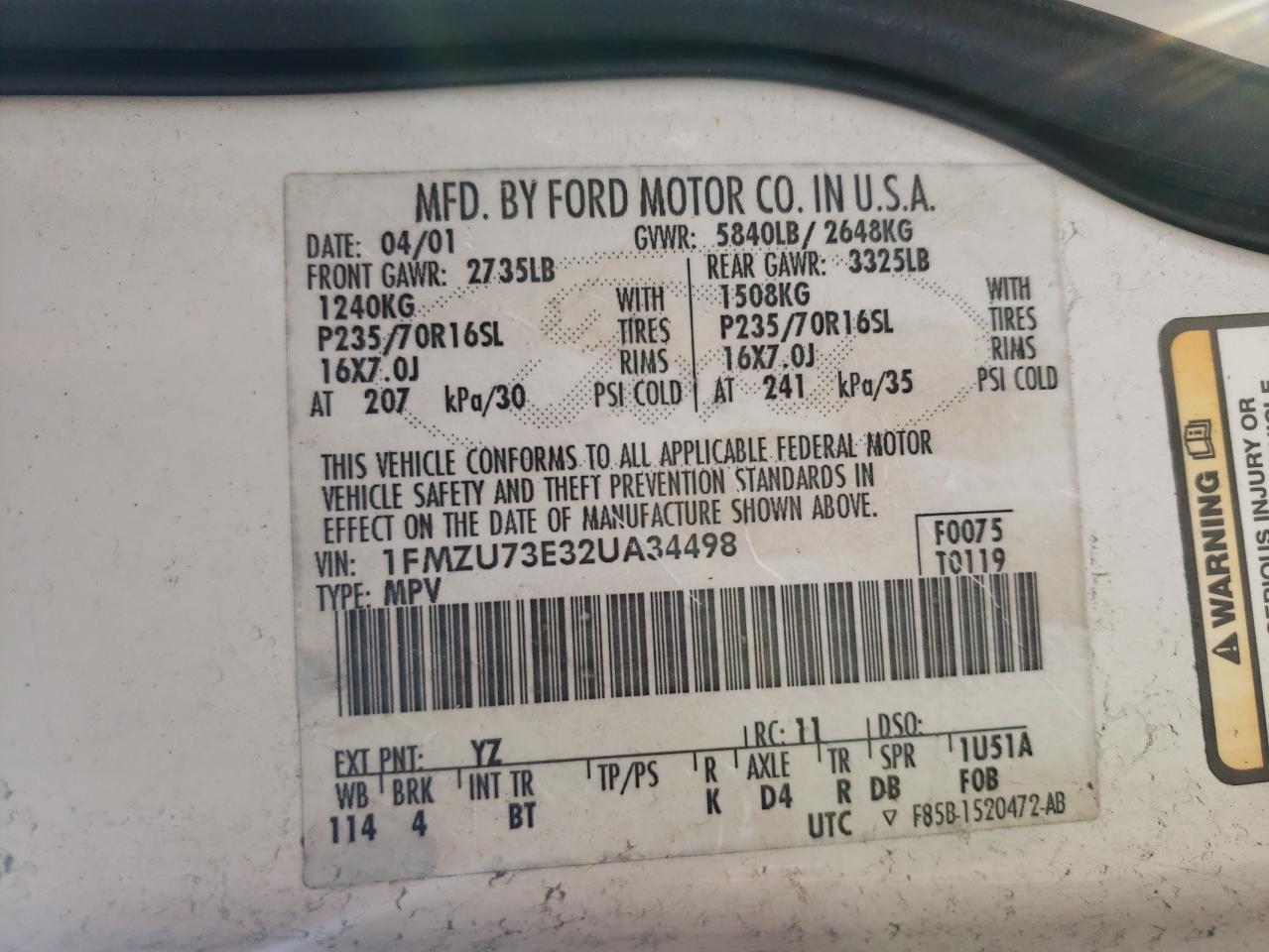 Photo 10 from auction – 2002 FORD EXPLORER X with VIN 1FMZU73E32UA34498