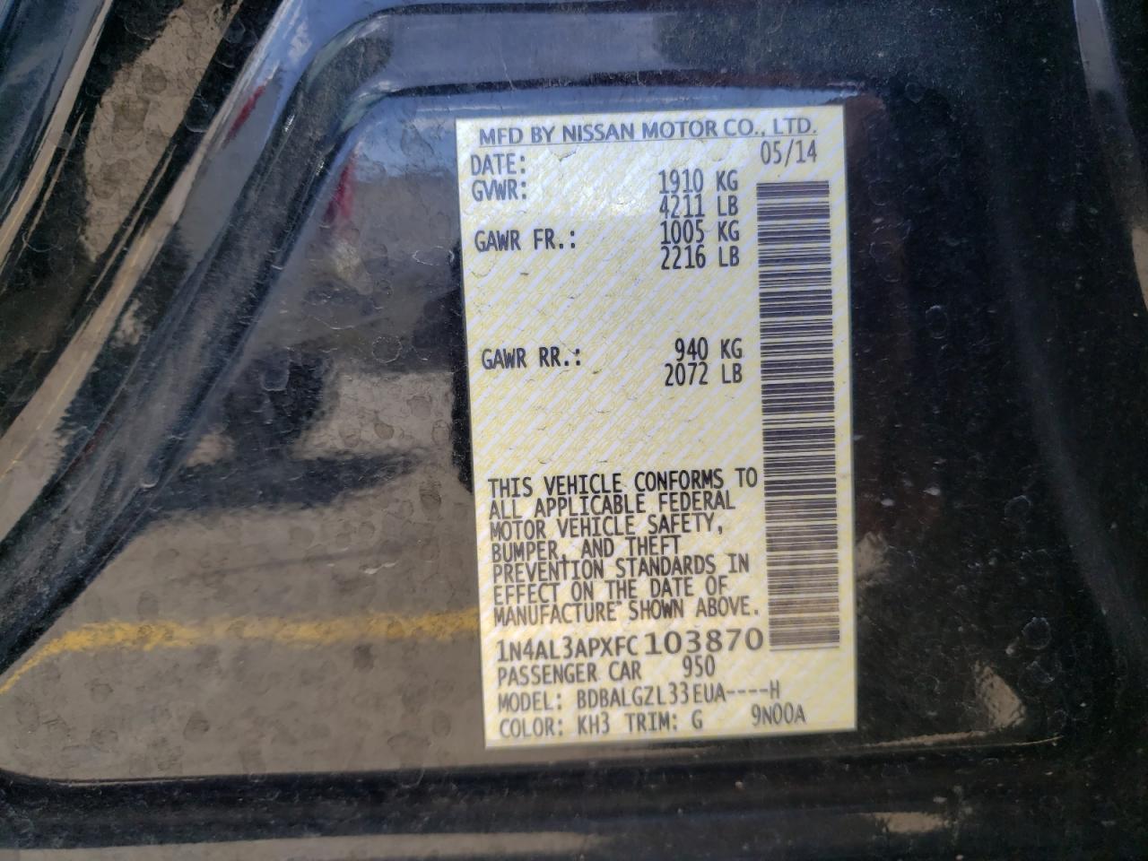 Photo 10 from auction – 2015 NISSAN ALTIMA 2.5 with VIN 1N4AL3APXFC103870