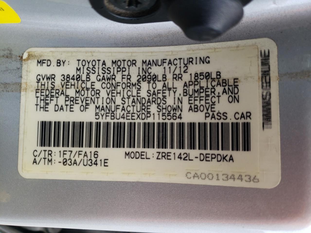 Photo 10 from auction – 2013 TOYOTA COROLLA BA with VIN 5YFBU4EEXDP115564