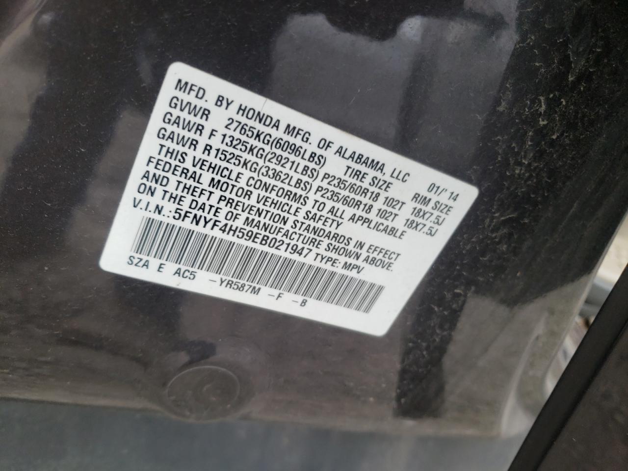 Photo 10 from auction – 2014 HONDA PILOT EXL with VIN 5FNYF4H59EB021947