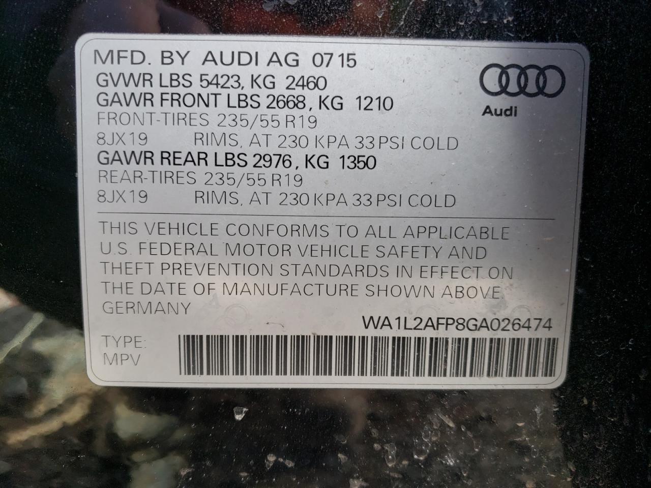 Photo 10 from auction – 2016 AUDI Q5 PREMIUM with VIN WA1L2AFP8GA026474