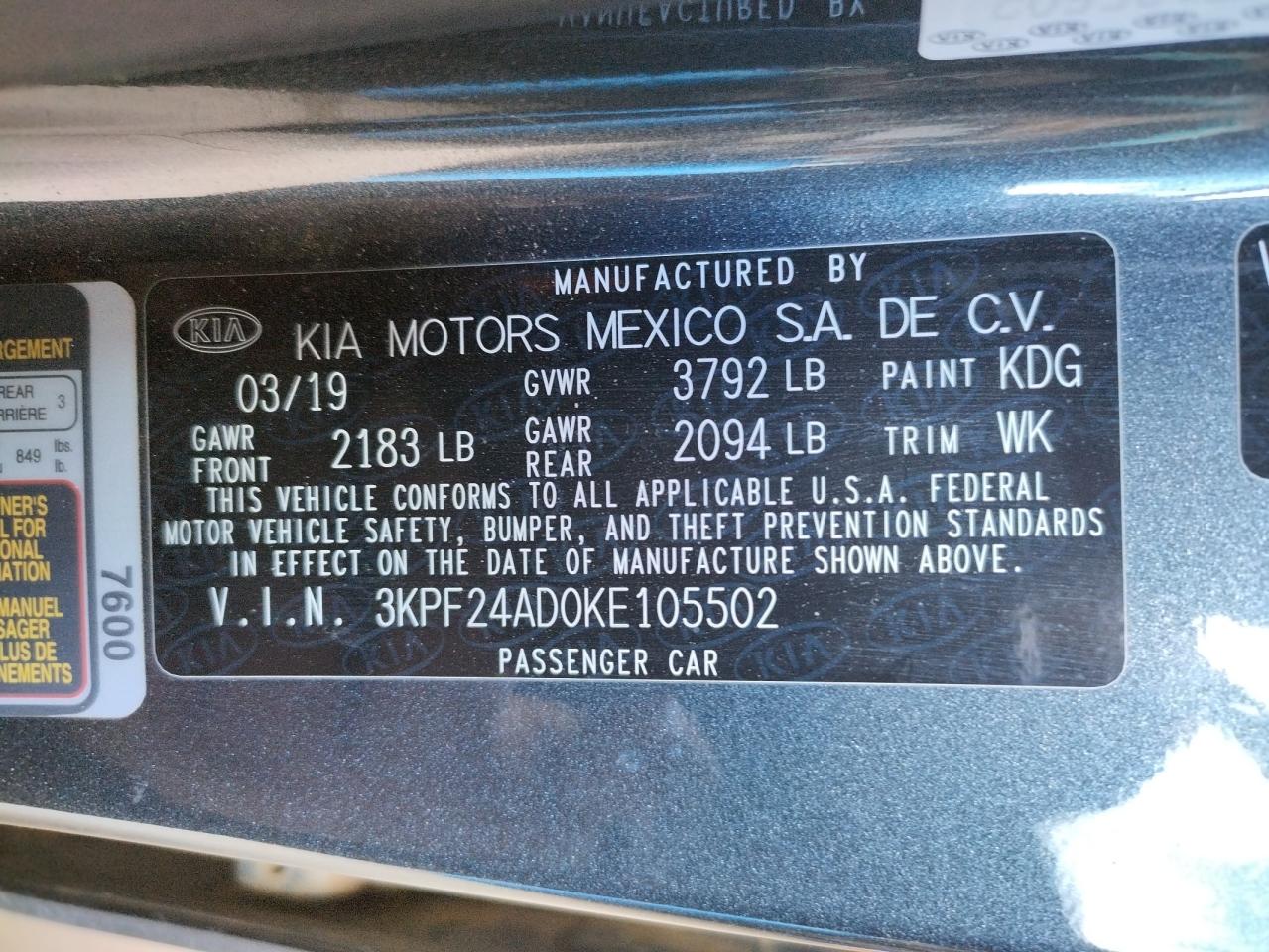 Photo 10 from auction – 2019 KIA FORTE FE with VIN 3KPF24AD0KE105502