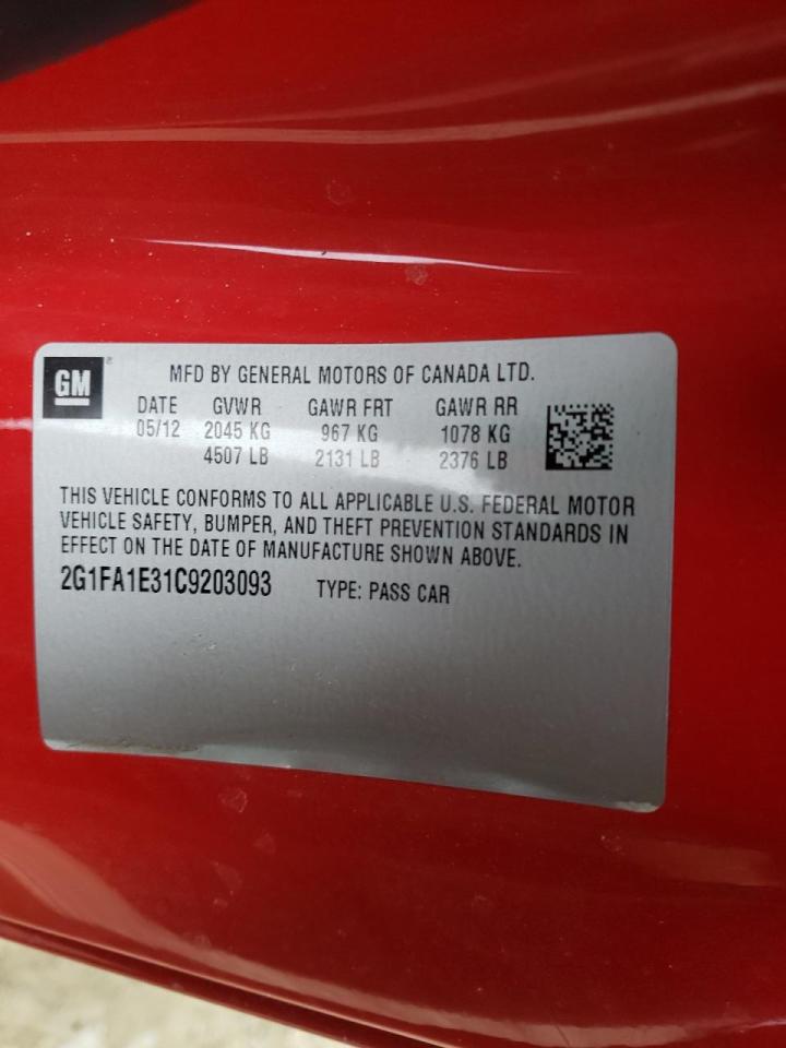 Photo 10 from auction – 2012 CHEVROLET CAMARO LS with VIN 2G1FA1E31C9203093