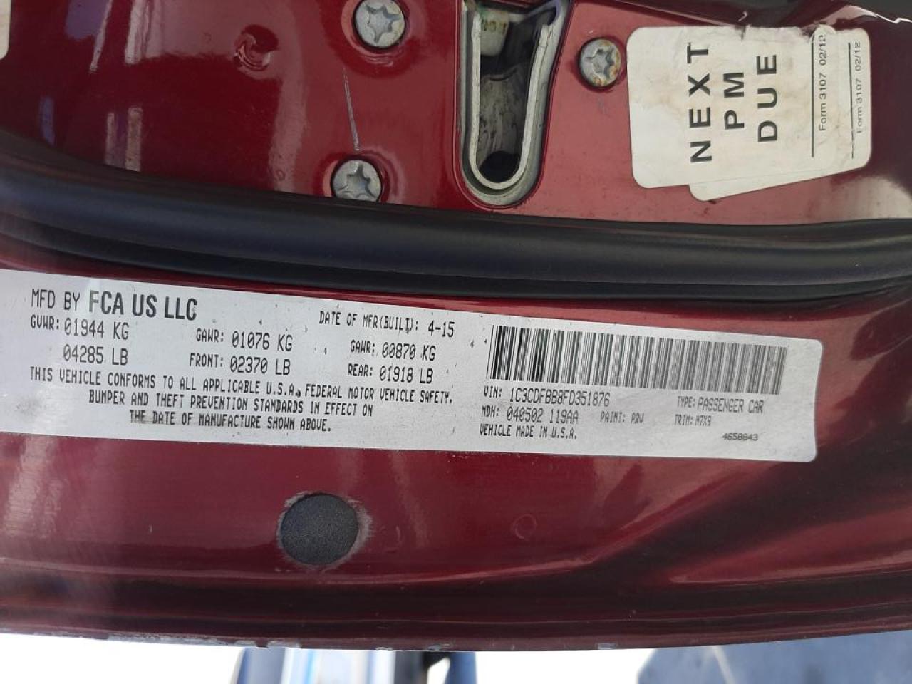 Photo 10 from auction – 2015 DODGE DART SXT with VIN 1C3CDFBB8FD351876