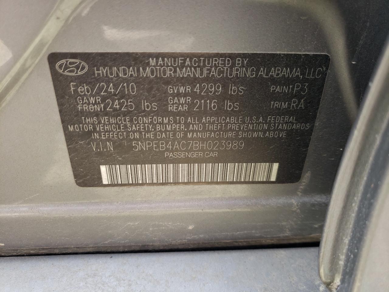 Photo 10 from auction – 2011 HYUNDAI SONATA GLS with VIN 5NPEB4AC7BH023989