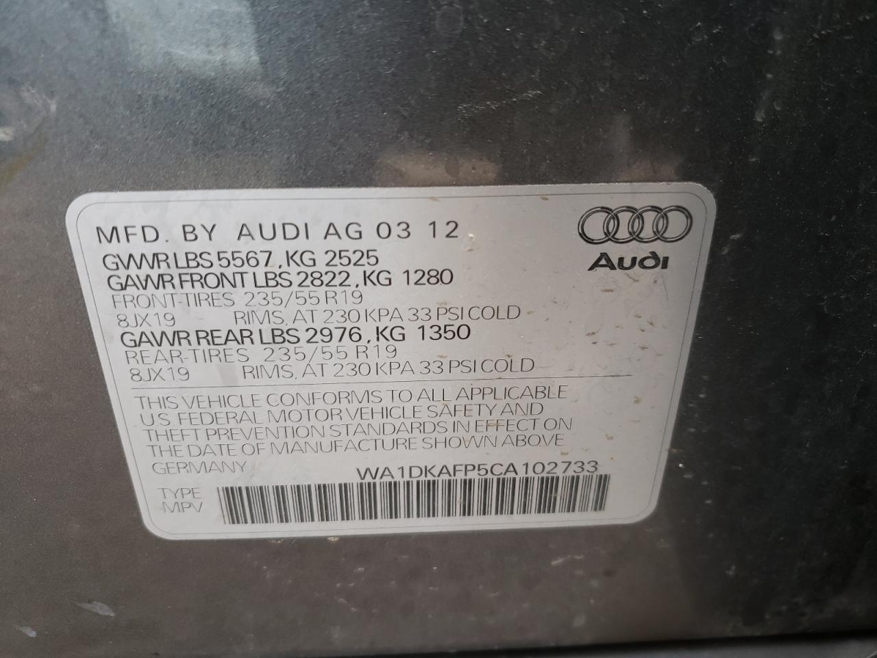Photo 10 from auction – 2012 AUDI Q5 PREMIUM with VIN WA1DKAFP5CA102733