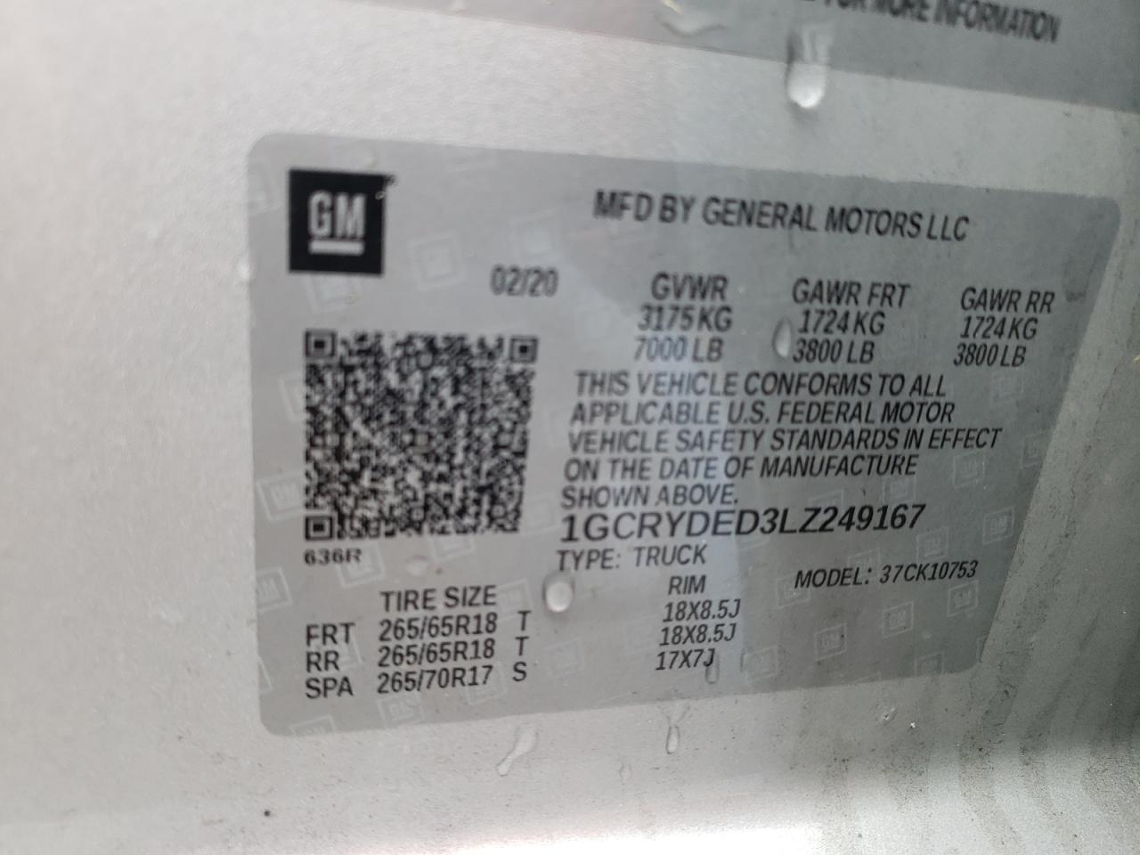 Photo 10 from auction – 2020 CHEVROLET SILVERADO with VIN 1GCRYDED3LZ249167