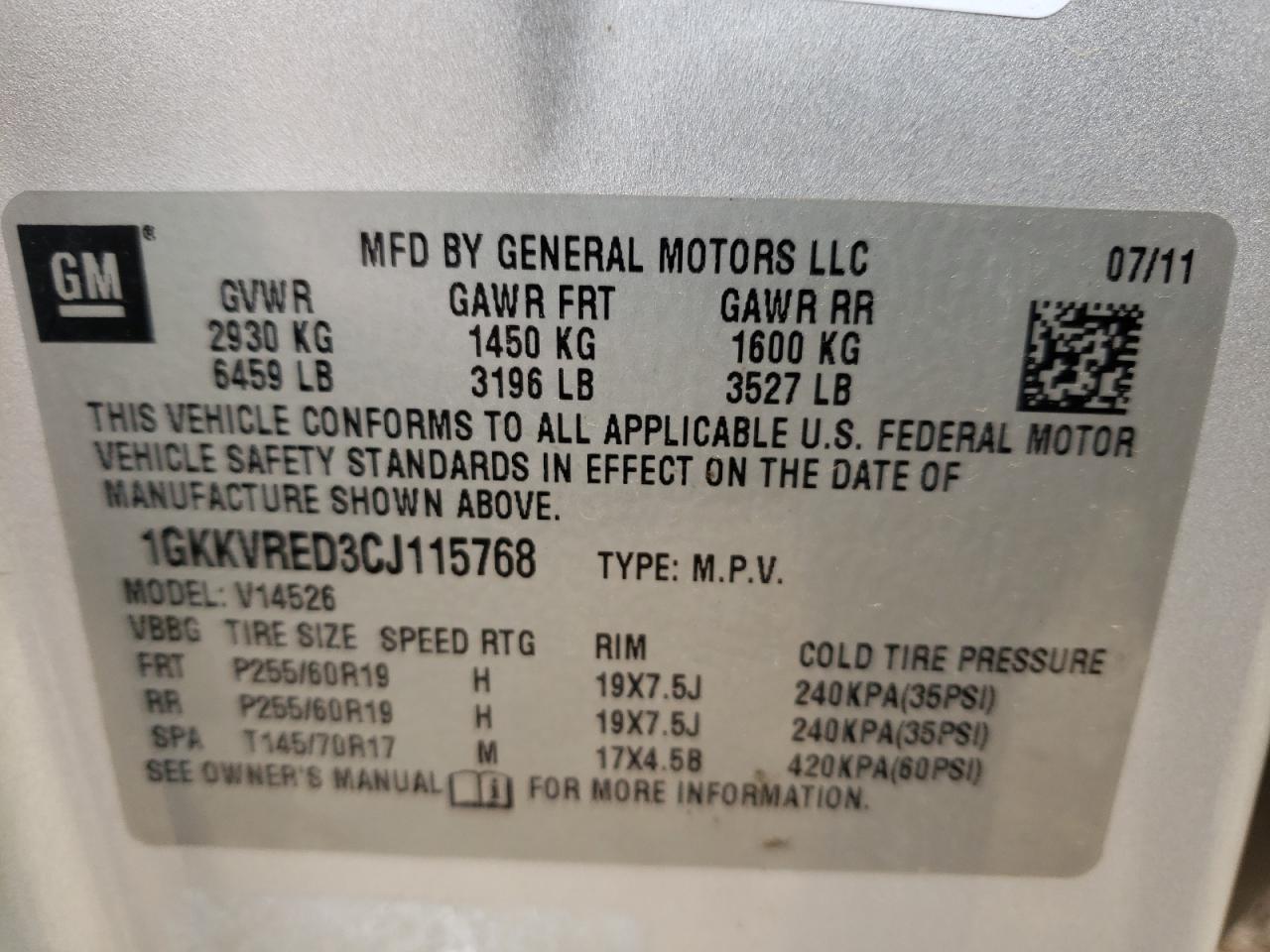 Photo 10 from auction – 2012 GMC ACADIA SLT with VIN 1GKKVRED3CJ115768