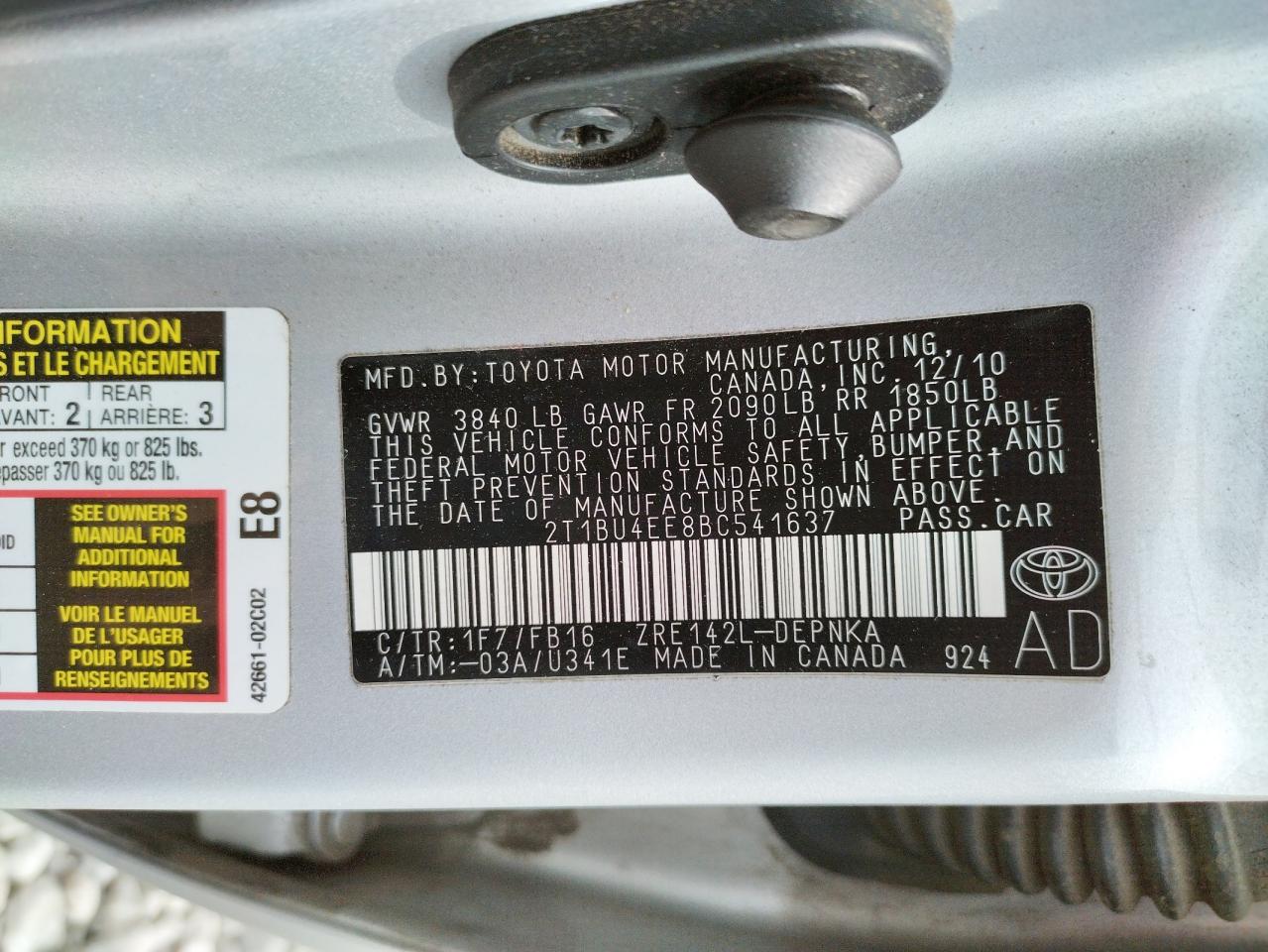 Photo 10 from auction – 2011 TOYOTA COROLLA BA with VIN 2T1BU4EE8BC541637