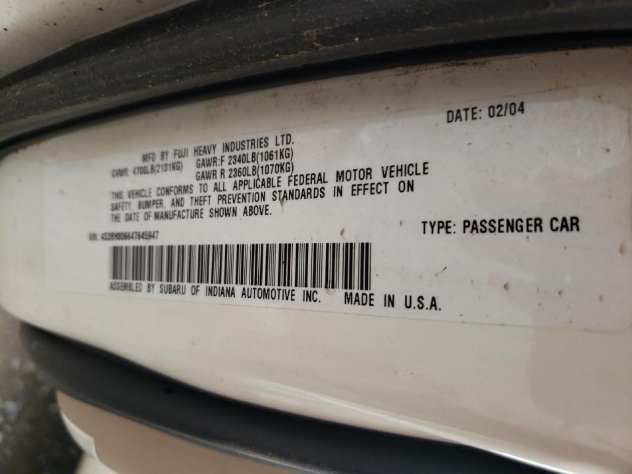 Photo 10 from auction – 2004 SUBARU LEGACY OUT with VIN 4S3BH806647645947