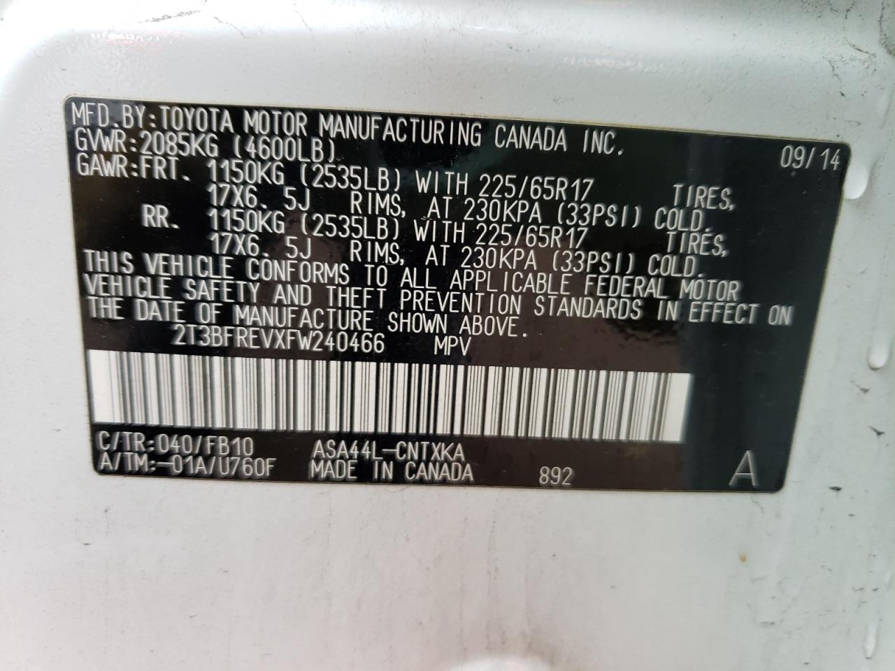 Photo 10 from auction – 2015 TOYOTA RAV4 LE with VIN 2T3BFREVXFW240466