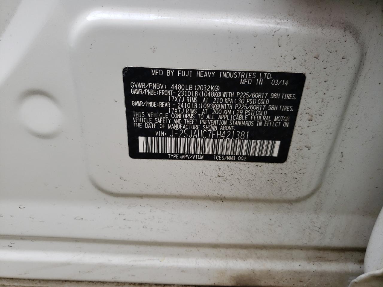 Photo 10 from auction – 2015 SUBARU FORESTER 2 with VIN JF2SJAHC7FH421381