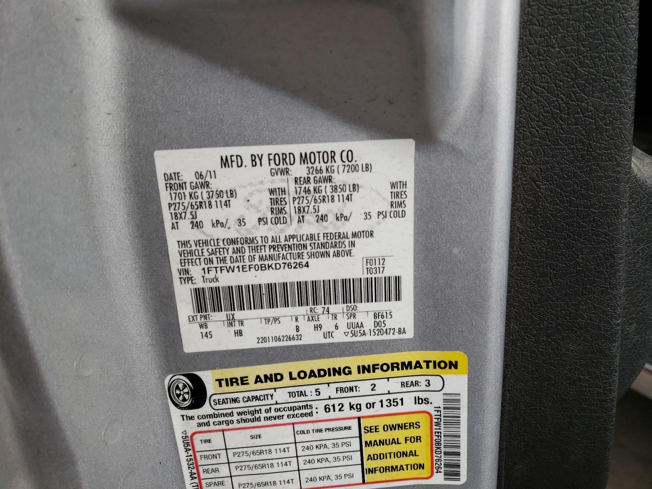 Photo 10 from auction – 2011 FORD F150 SUPER with VIN 1FTFW1EF0BKD76264