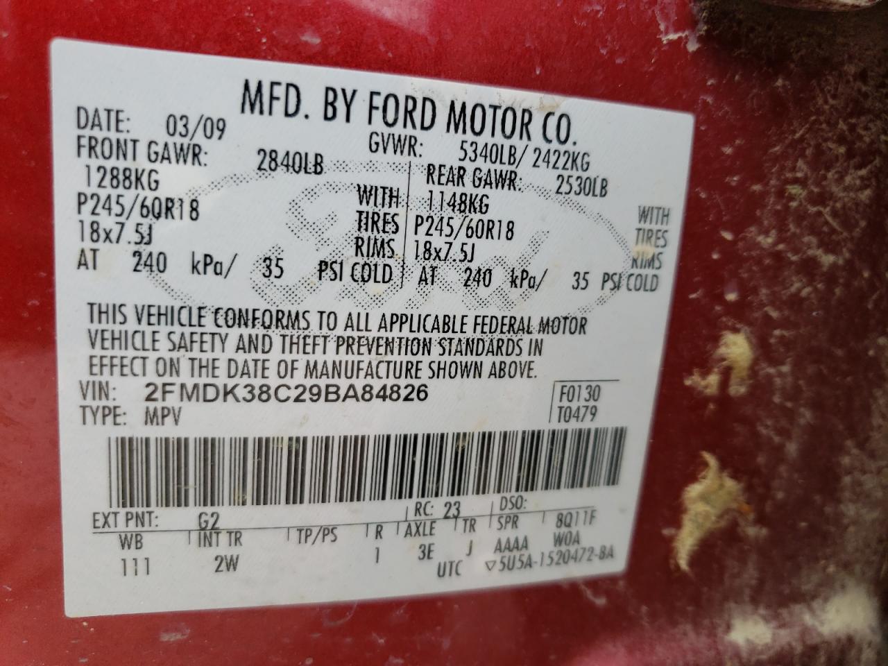 Photo 10 from auction – 2009 FORD EDGE SEL with VIN 2FMDK38C29BA84826
