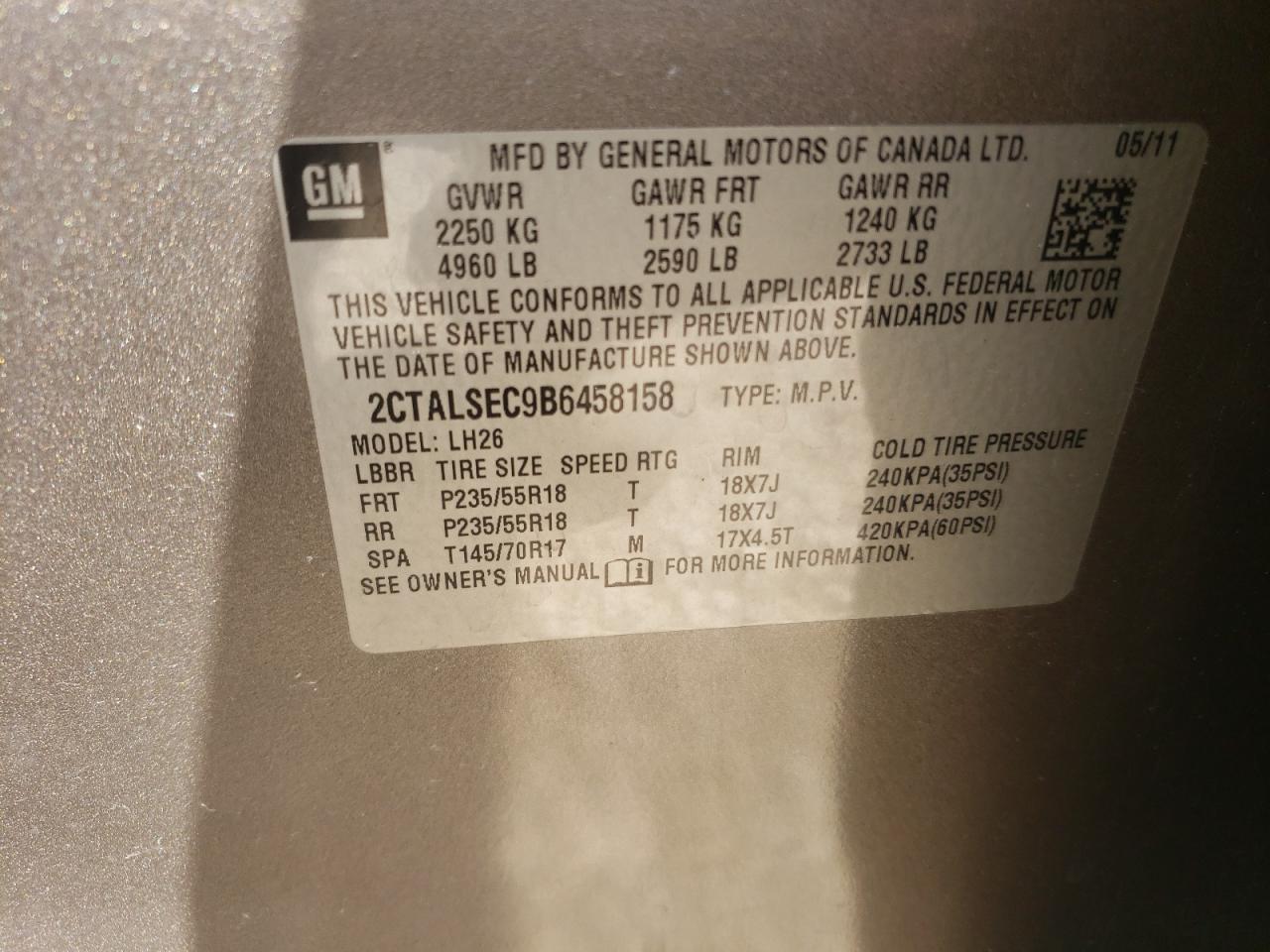 Photo 10 from auction – 2011 GMC TERRAIN SL with VIN 2CTALSEC9B6458158