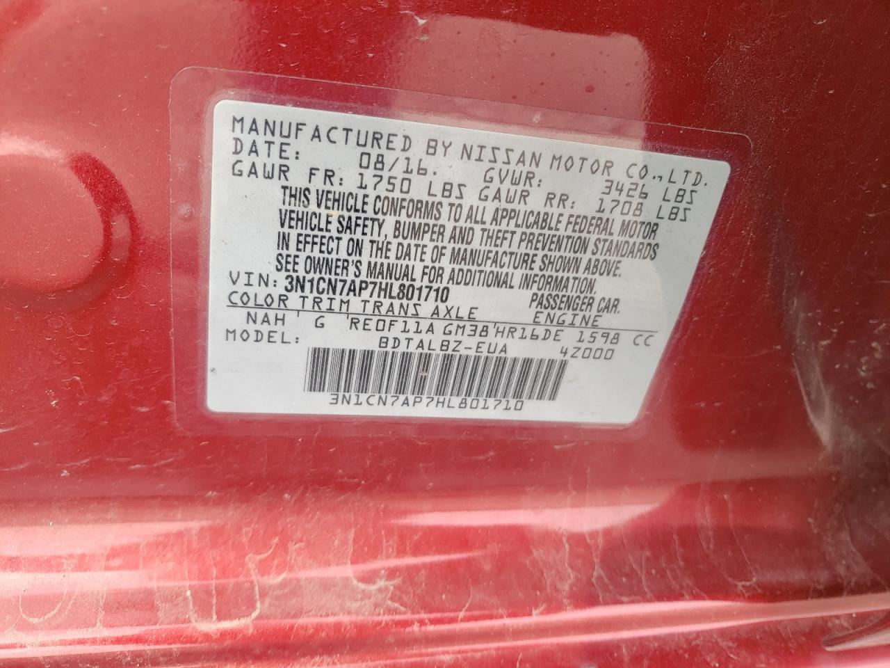 Photo 10 from auction – 2017 NISSAN VERSA with VIN 3N1CN7AP7HL801710