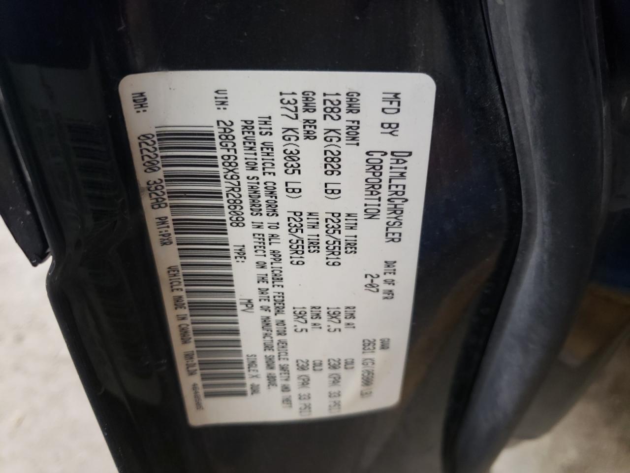 Photo 10 from auction – 2007 CHRYSLER PACIFICA T with VIN 2A8GF68X97R286098
