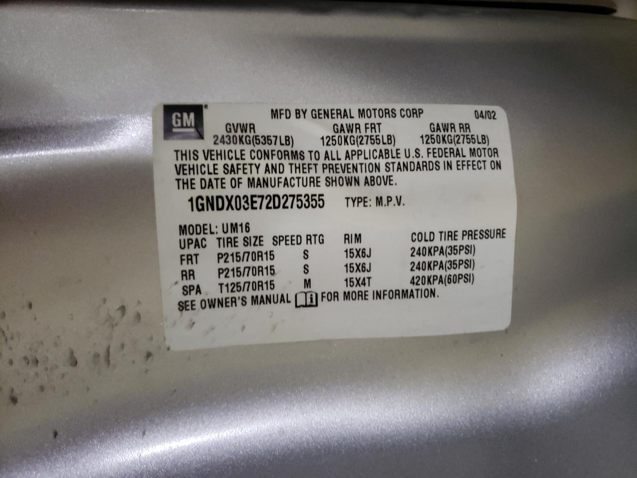 Photo 10 from auction – 2002 CHEVROLET VENTURE with VIN 1GNDX03E72D275355
