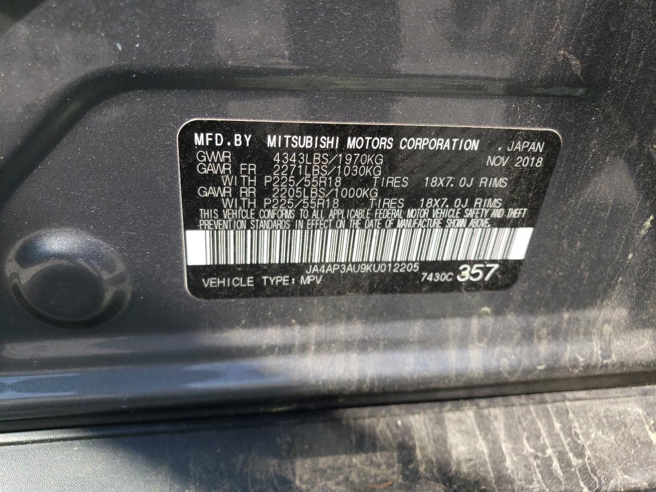 Photo 10 from auction – 2019 MITSUBISHI OUTLANDER with VIN JA4AP3AU9KU012205
