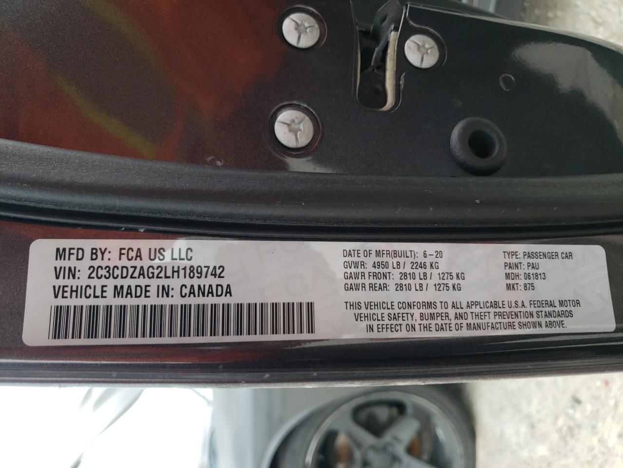 Photo 10 from auction – 2020 DODGE CHALLENGER with VIN 2C3CDZAG2LH189742