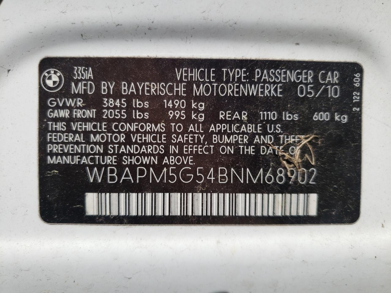 Photo 10 from auction – 2011 BMW 335 I with VIN WBAPM5G54BNM68902
