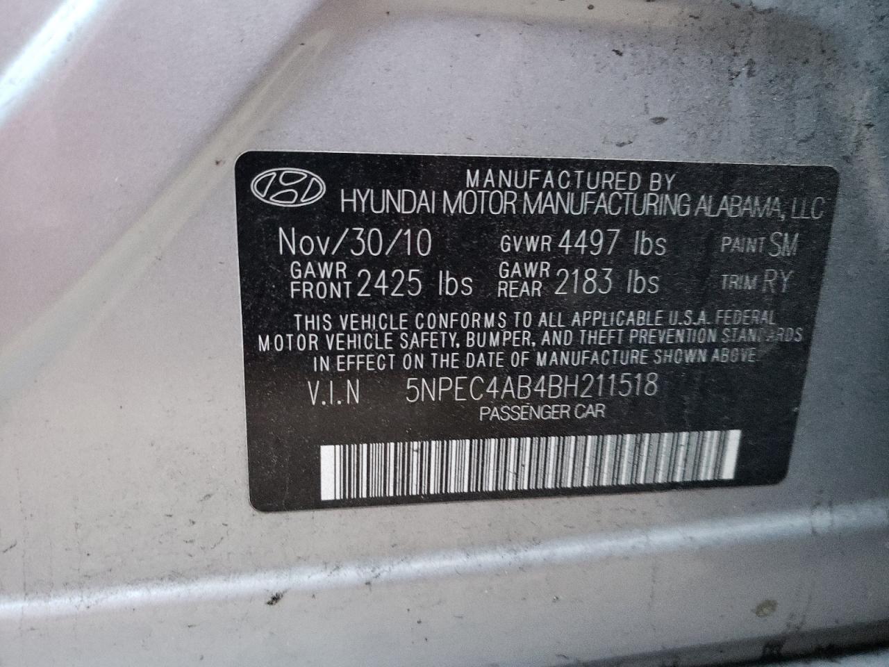 Photo 10 from auction – 2011 HYUNDAI SONATA SE with VIN 5NPEC4AB4BH211518