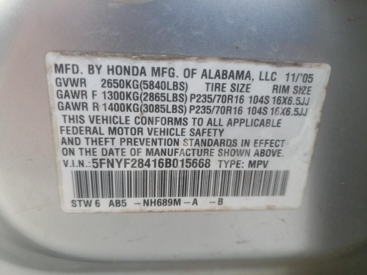 Photo 10 from auction – 2006 HONDA PILOT EX with VIN 5FNYF28416B015668