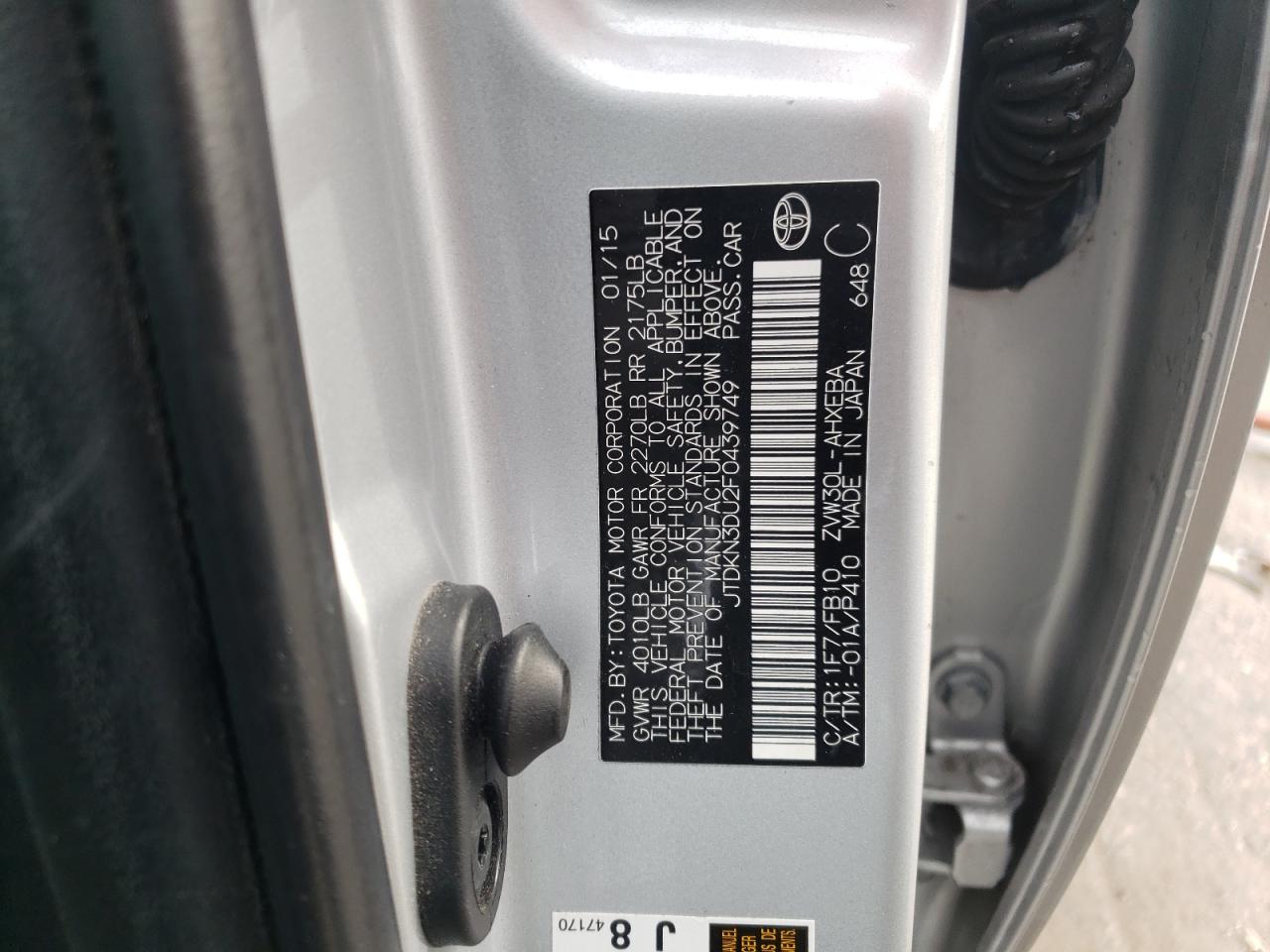 Photo 10 from auction – 2015 TOYOTA PRIUS with VIN JTDKN3DU2F0439749