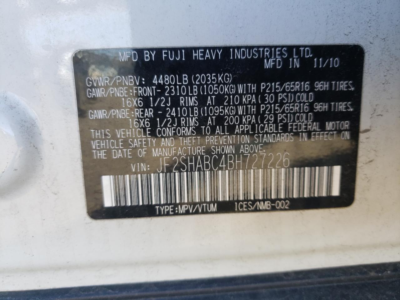 Photo 10 from auction – 2011 SUBARU FORESTER 2 with VIN JF2SHABC4BH727226