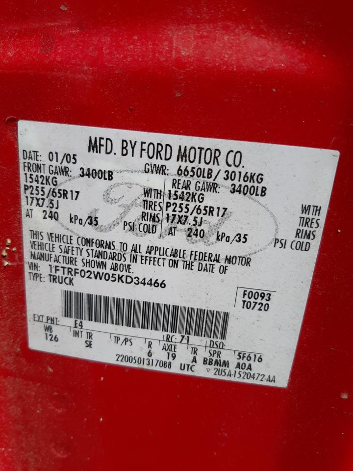 Photo 10 from auction – 2005 FORD F150 with VIN 1FTRF02W05KD34466