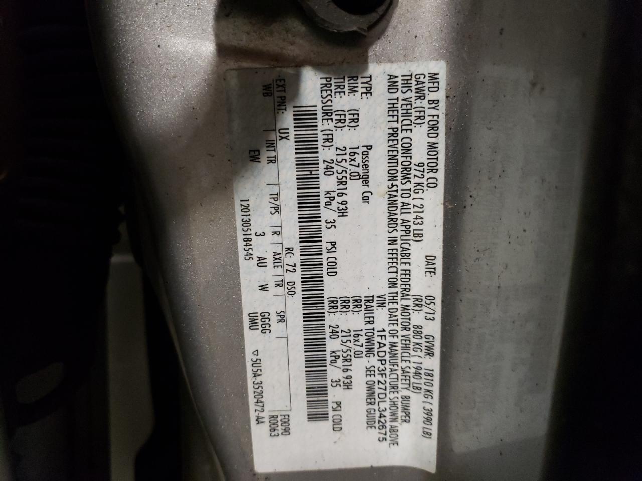 Photo 10 from auction – 2013 FORD FOCUS SE with VIN 1FADP3F27DL342675