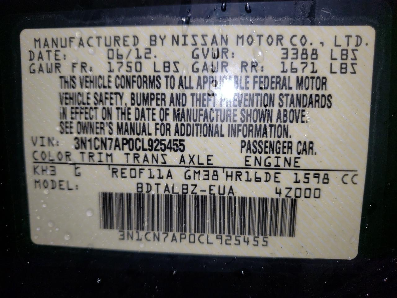 Photo 10 from auction – 2012 NISSAN VERSA S with VIN 3N1CN7AP0CL925455