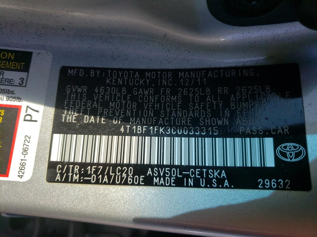 Photo 10 from auction – 2012 TOYOTA CAMRY BASE with VIN 4T1BF1FK3CU033315