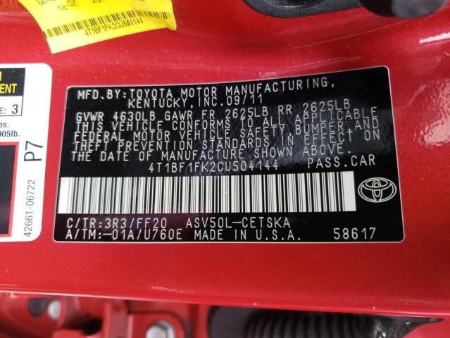 Photo 10 from auction – 2012 TOYOTA CAMRY BASE with VIN 4T1BF1FK2CU504144
