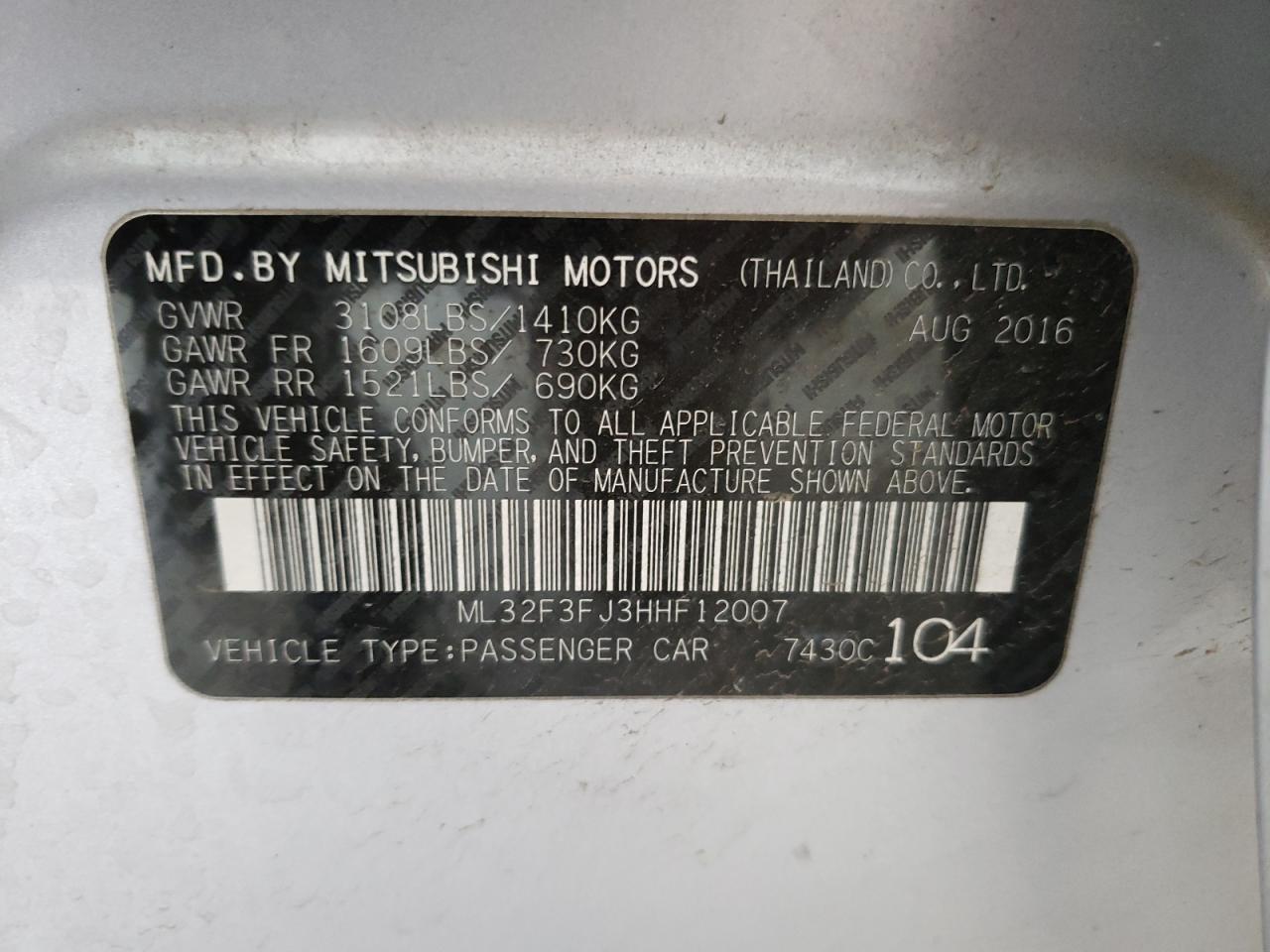 Photo 10 from auction – 2017 MITSUBISHI MIRAGE G4 with VIN ML32F3FJ3HHF12007