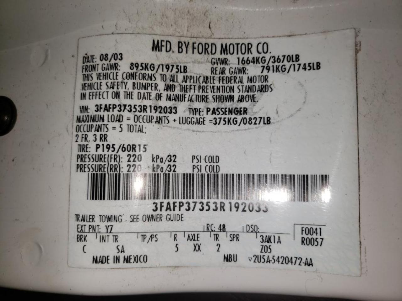 Photo 10 from auction – 2003 FORD FOCUS ZX5 with VIN 3FAFP37353R192033