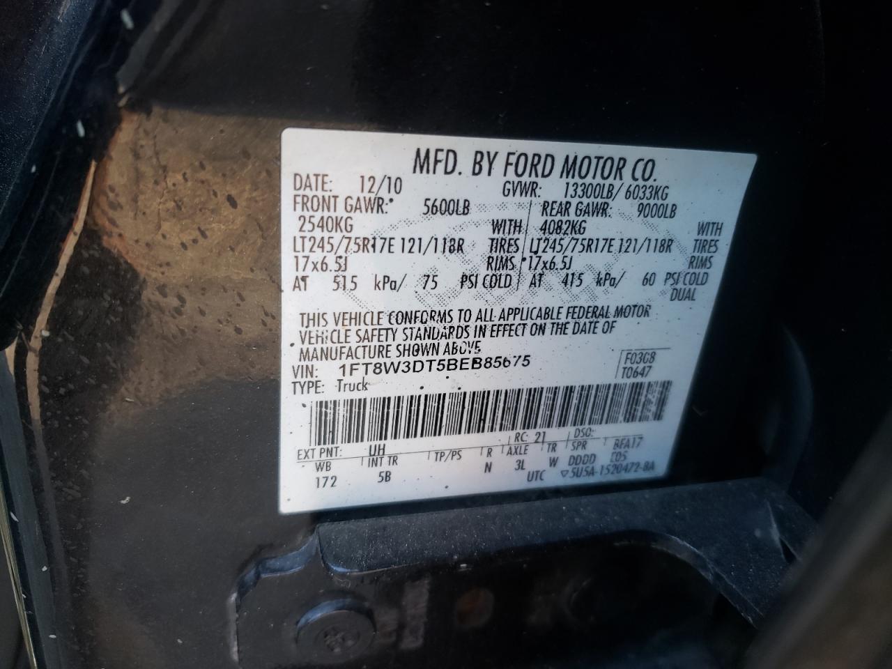 Photo 10 from auction – 2011 FORD F350 SUPER with VIN 1FT8W3DT5BEB85675