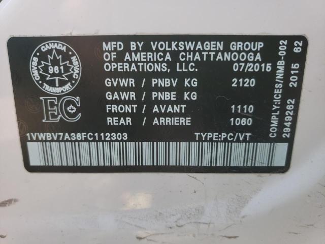Photo 10 from auction – 2015 VOLKSWAGEN PASSAT SE with VIN 1VWBV7A36FC112303