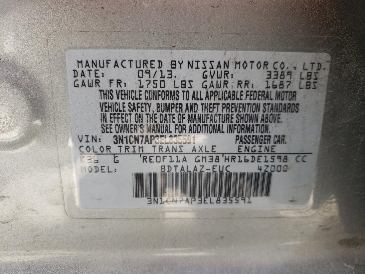 Photo 10 from auction – 2014 NISSAN VERSA S with VIN 3N1CN7AP3EL835591