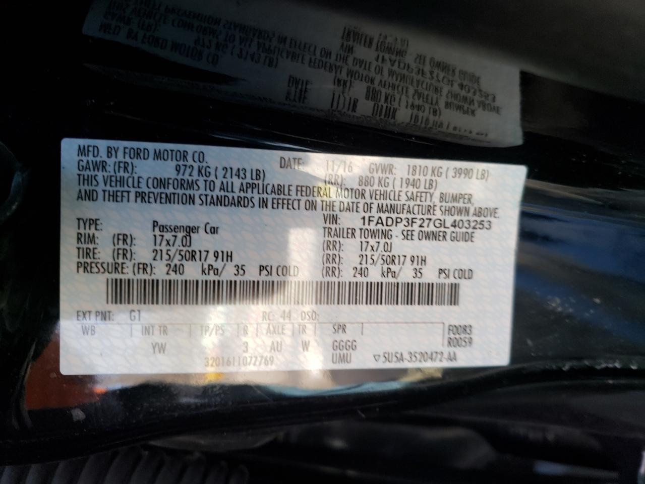 Photo 10 from auction – 2016 FORD FOCUS SE with VIN 1FADP3F27GL403253