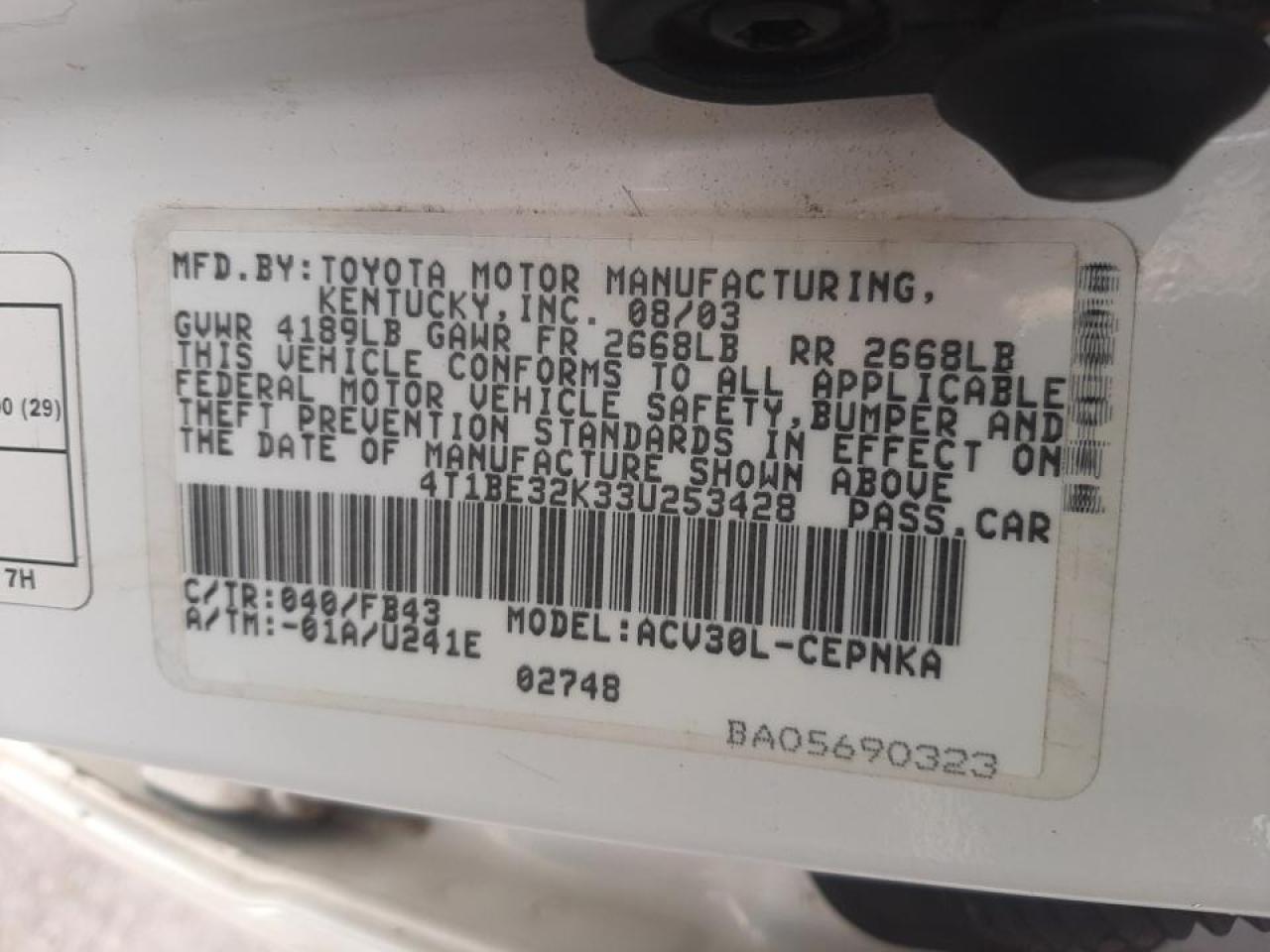 Photo 10 from auction – 2003 TOYOTA CAMRY LE with VIN 4T1BE32K33U253428