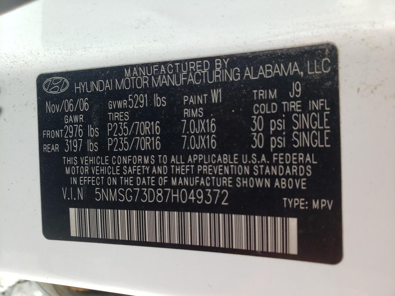 Photo 10 from auction – 2007 HYUNDAI SANTA FE G with VIN 5NMSG73D87H049372