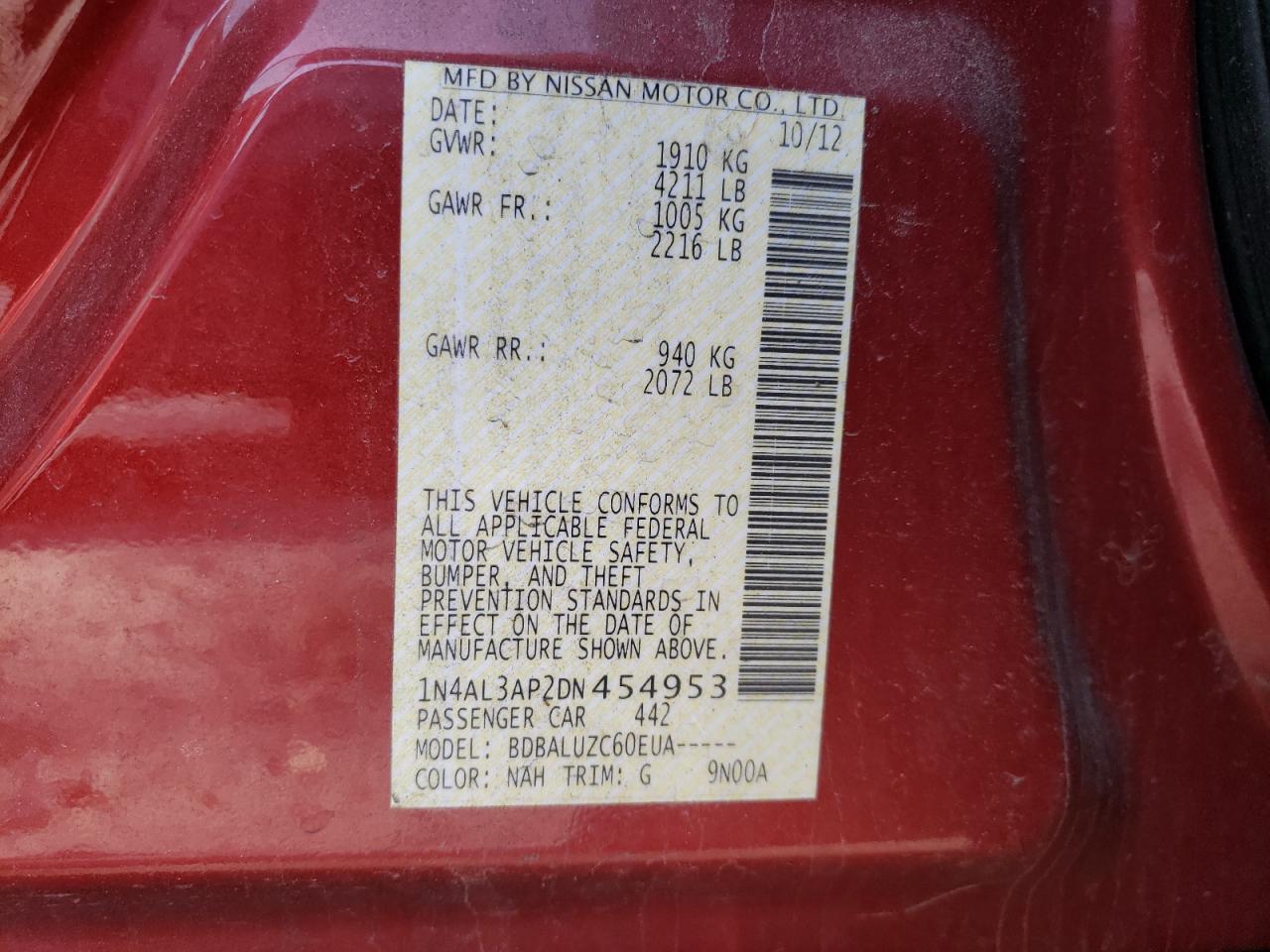 Photo 10 from auction – 2013 NISSAN ALTIMA 2.5 with VIN 1N4AL3AP2DN454953