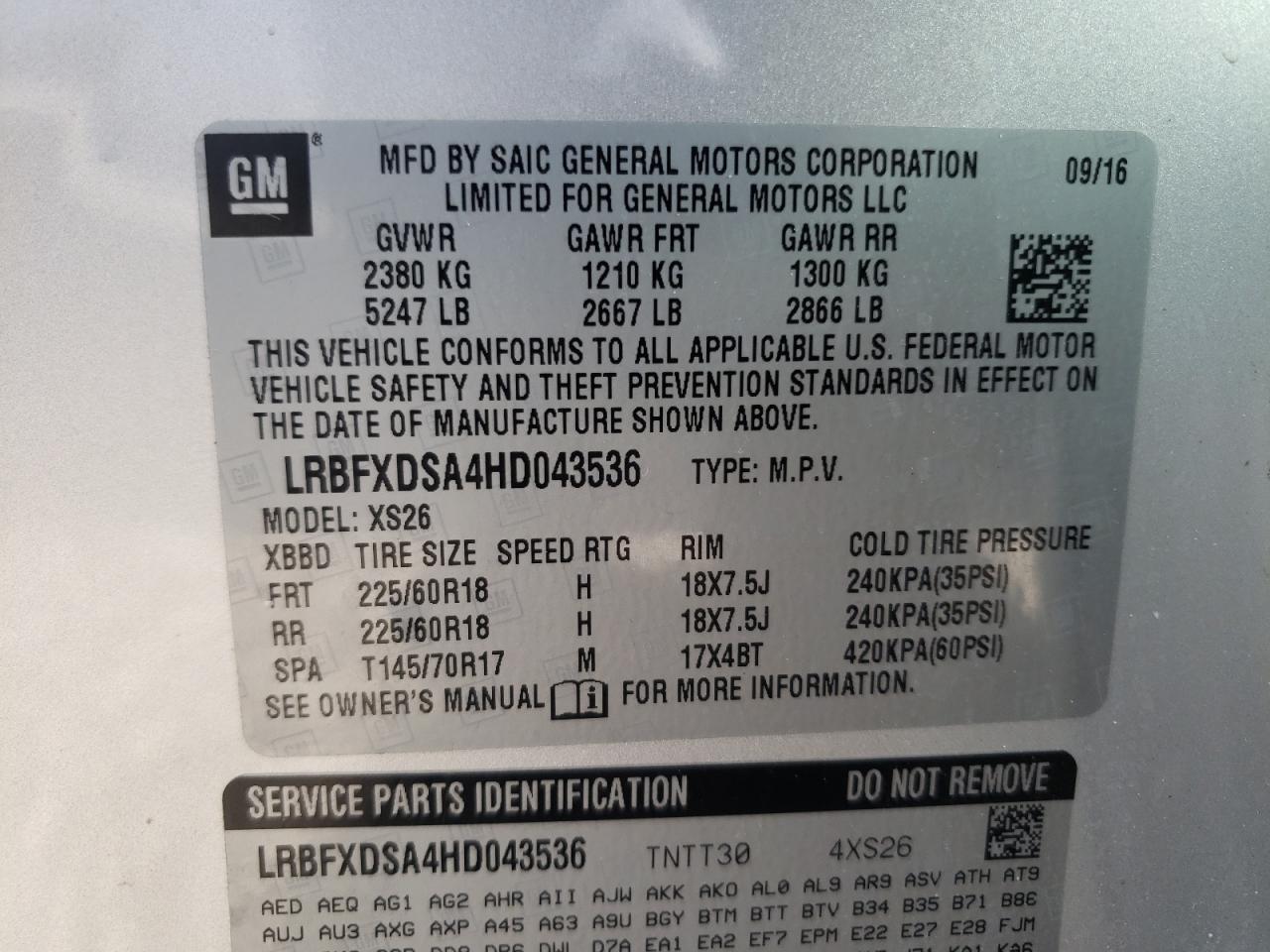 Photo 10 from auction – 2017 BUICK ENVISION E with VIN LRBFXDSA4HD043536