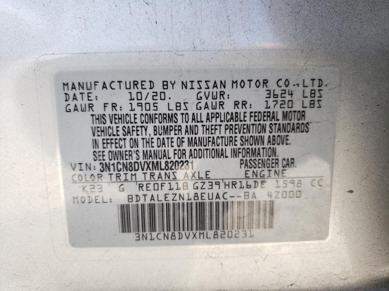 Photo 10 from auction – 2021 NISSAN VERSA S with VIN 3N1CN8DVXML820231