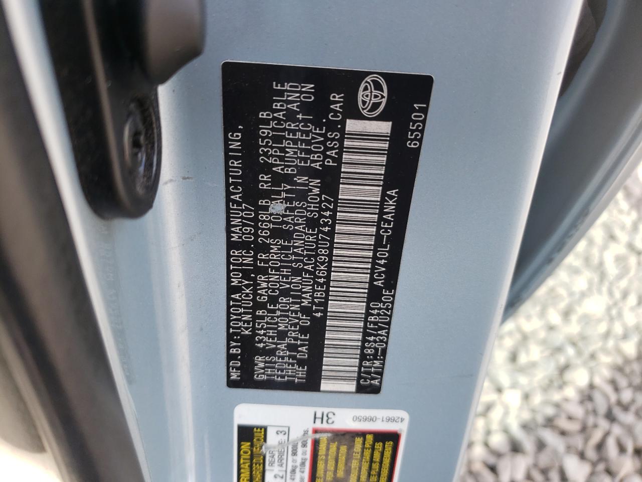 Photo 10 from auction – 2008 TOYOTA CAMRY CE with VIN 4T1BE46K98U743427