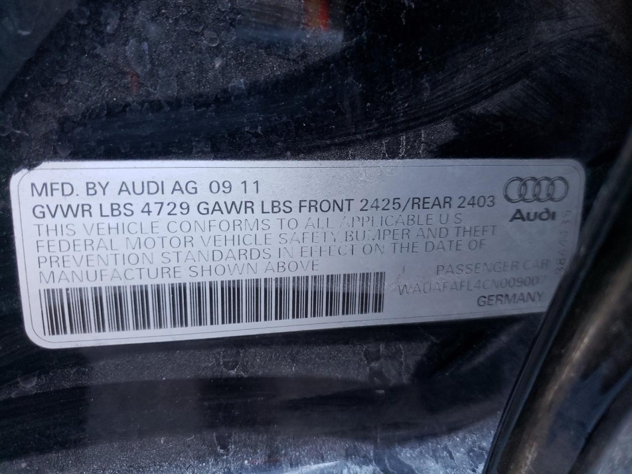 Photo 10 from auction – 2012 AUDI A4 PREMIUM with VIN WAUAFAFL4CN009007